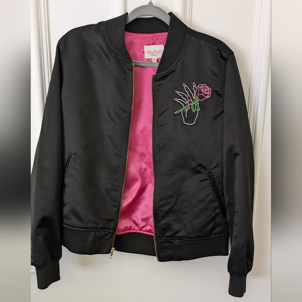 Big Bud Press Black Bomber Jacket with Pink Lining and Embroidered Rose
